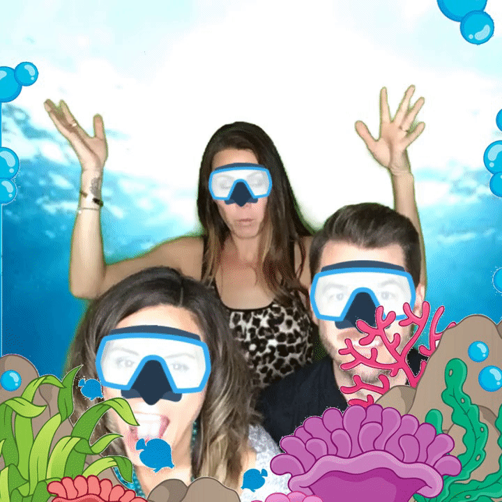gif of three people with snorkel digital props and underwater background