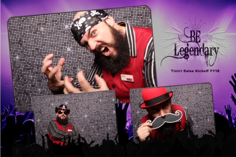 4x6 photo strip with man posing with props, red hat and silver shimmer backdrop