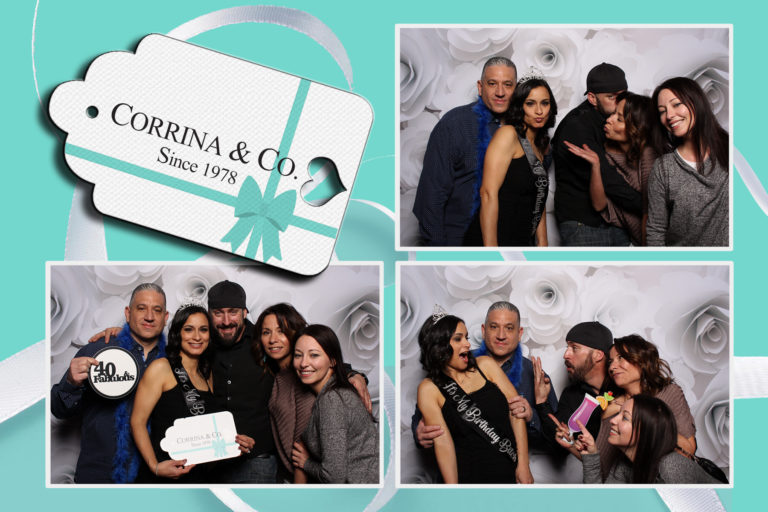 4x6 photo strip of group with props posing with white flower wall backdrop