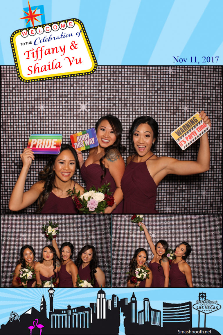 Photo strip with three women posing in front of silver shimmer backdrop with props