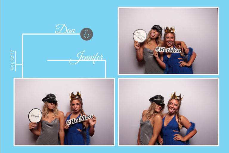 4x6 photo strip of two women with sign props posing in front of white backdrop