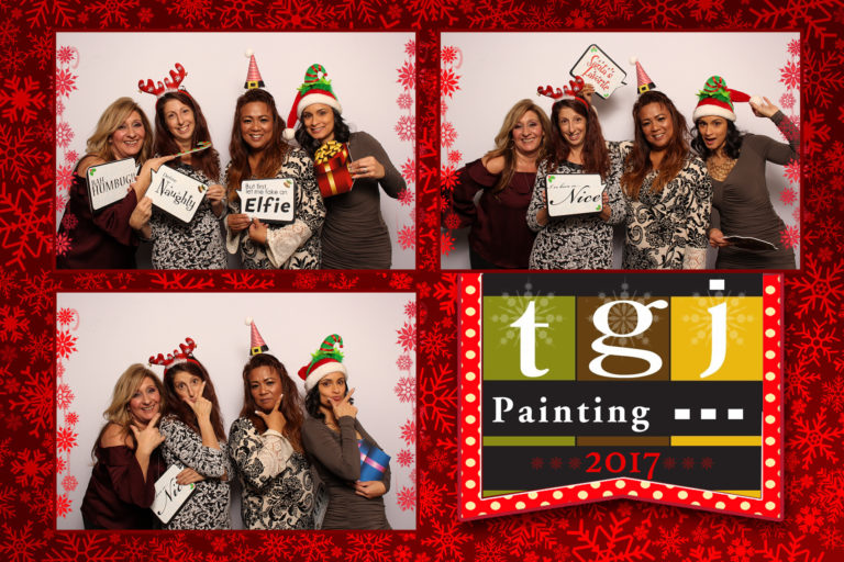 4x6 photo strip with three women posing with Christmas props and a white backdrop
