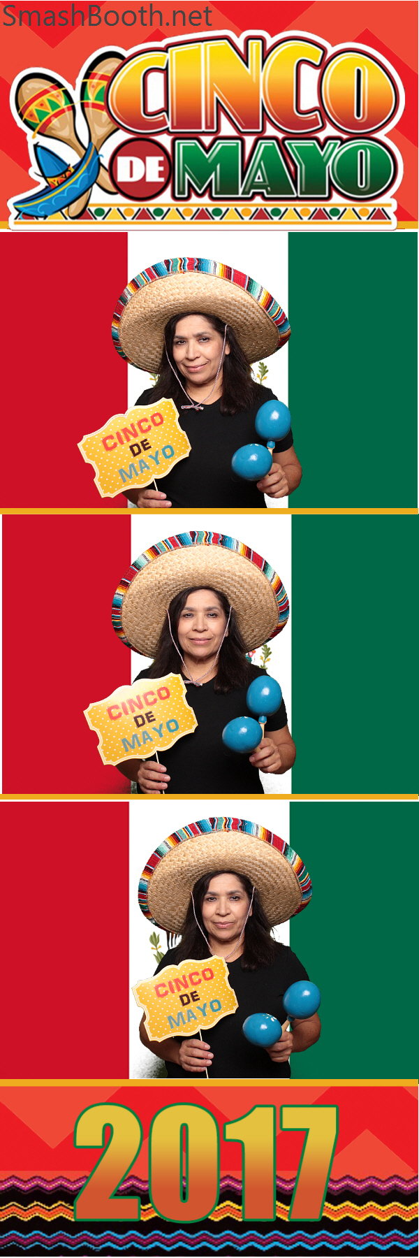 2x6 photo strip of woman with cinco de mayo props posing in front of flag backdrop