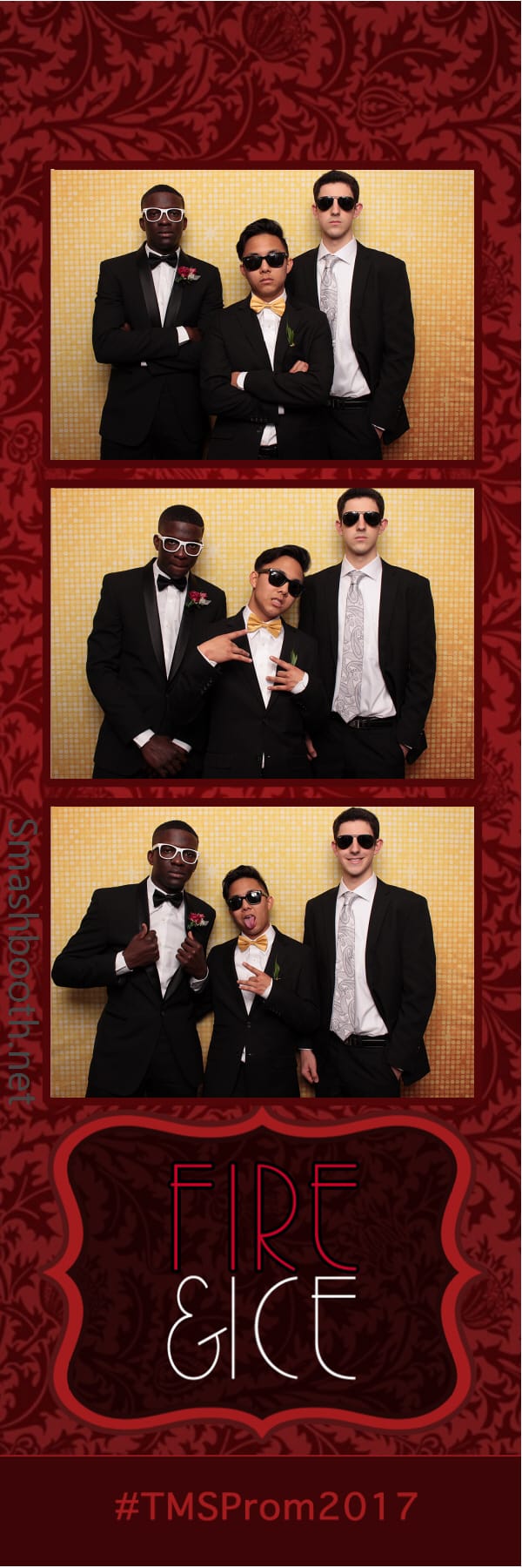 2x6 photo strip of three men posing in front of gold shimmer backdrop