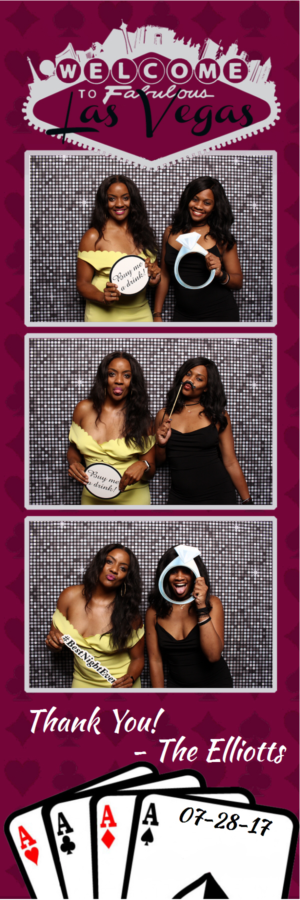 Photo strip of two women posing with props and silver shimmer backdrop