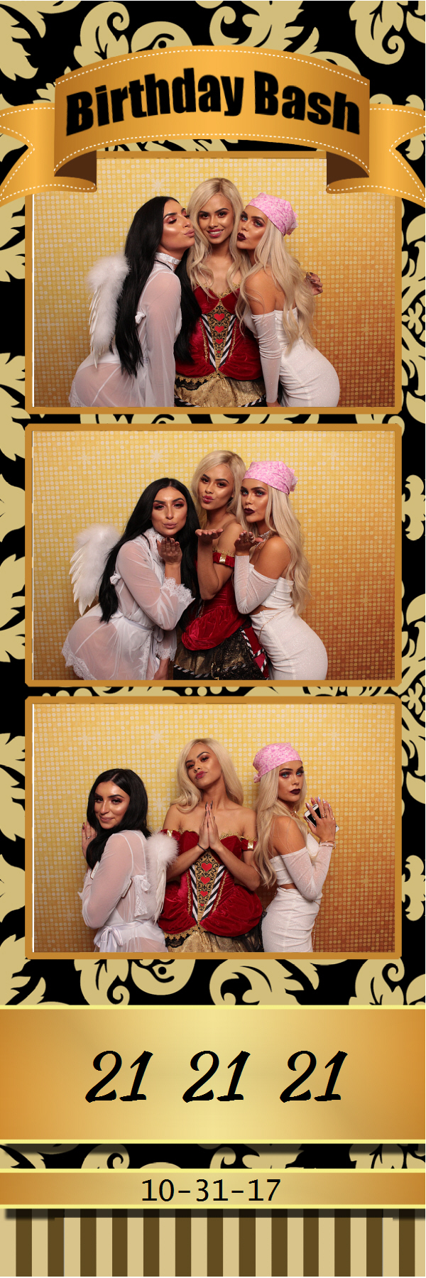 Photo strip of three women posing in front of gold shimmer backdrop