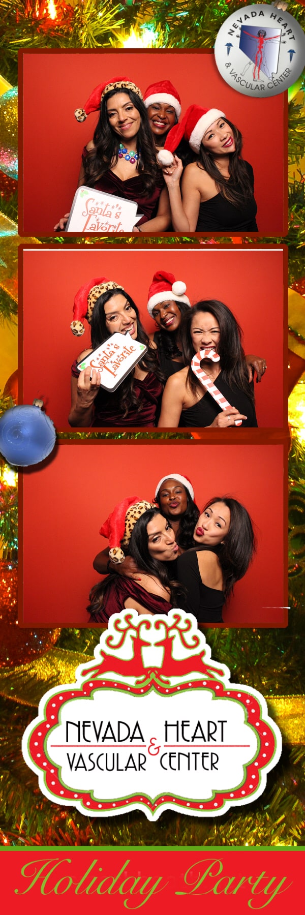 2x6 photo strip of three women with Christmas props posing with red backdrop