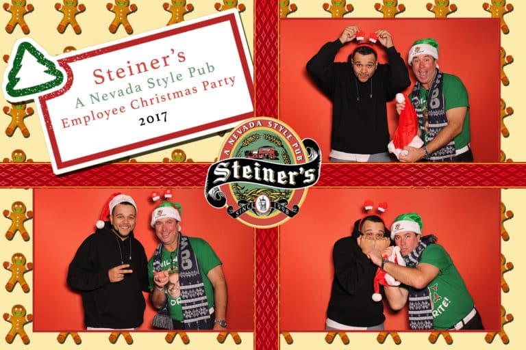 4x6 photo strip with two men posing with Christmas props and a red backdrop