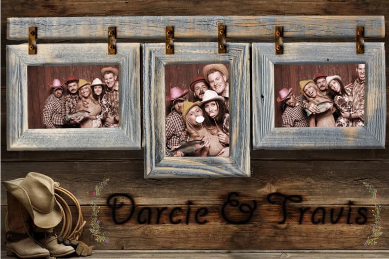 Photo strip of group posing in front of wood fence backdrop with props