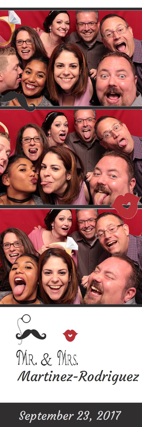 Photo strip of group posing in front of red backdrop