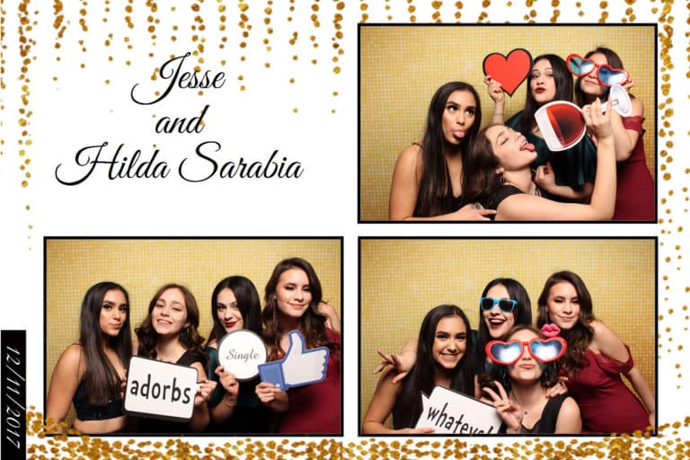 4x6 photo strip group of women posing with props and gold shimmer backdrop