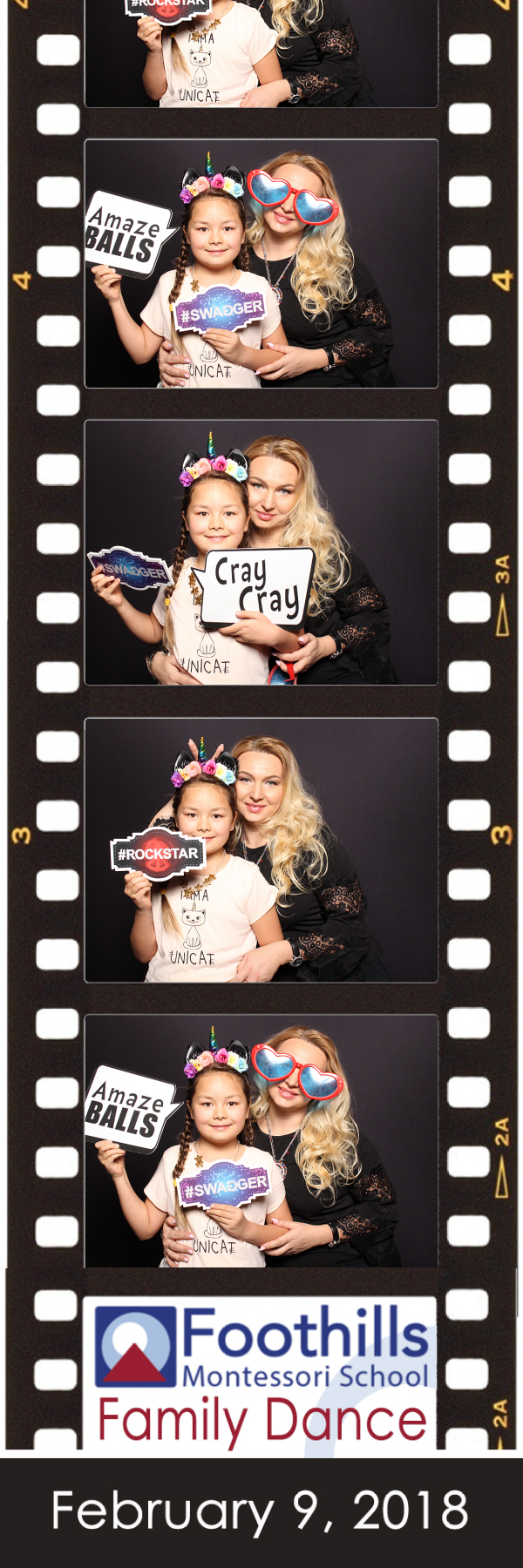 2x6 photo strip of woman and young girl with props posing with black backdrop