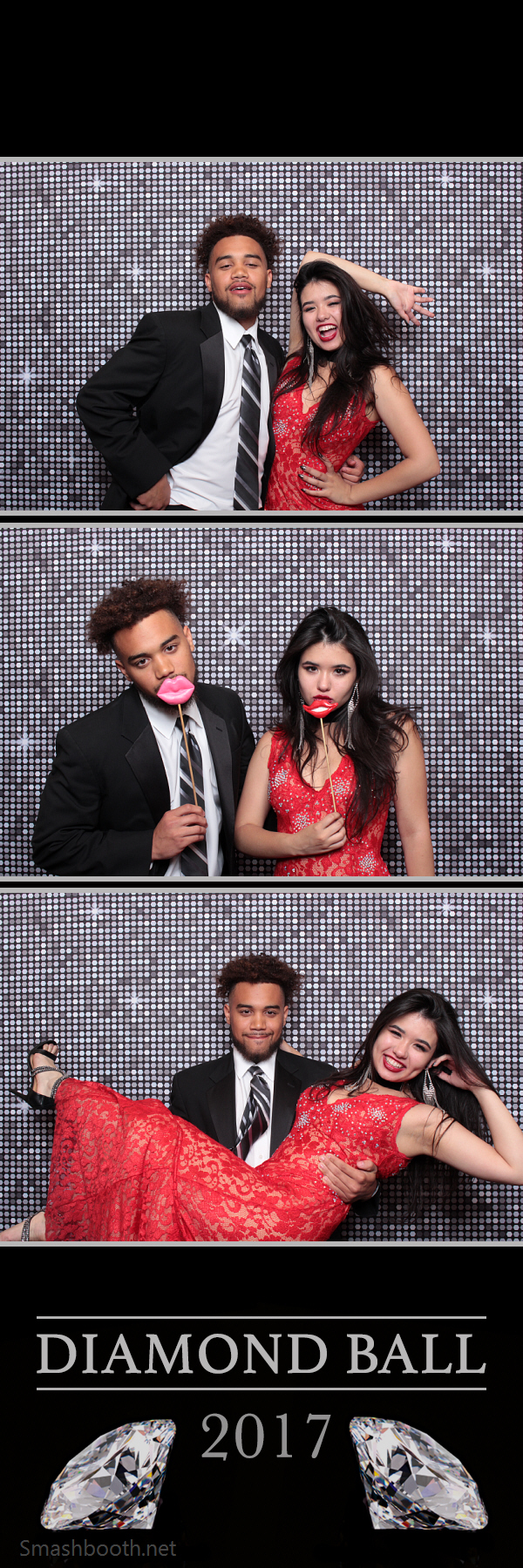 Photo strip of couple posing with props in front of silver shimmer backdrop