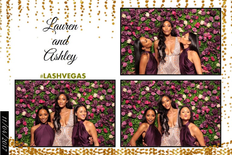 4x6 photo strip of three women posing in front of rose wall backdrop