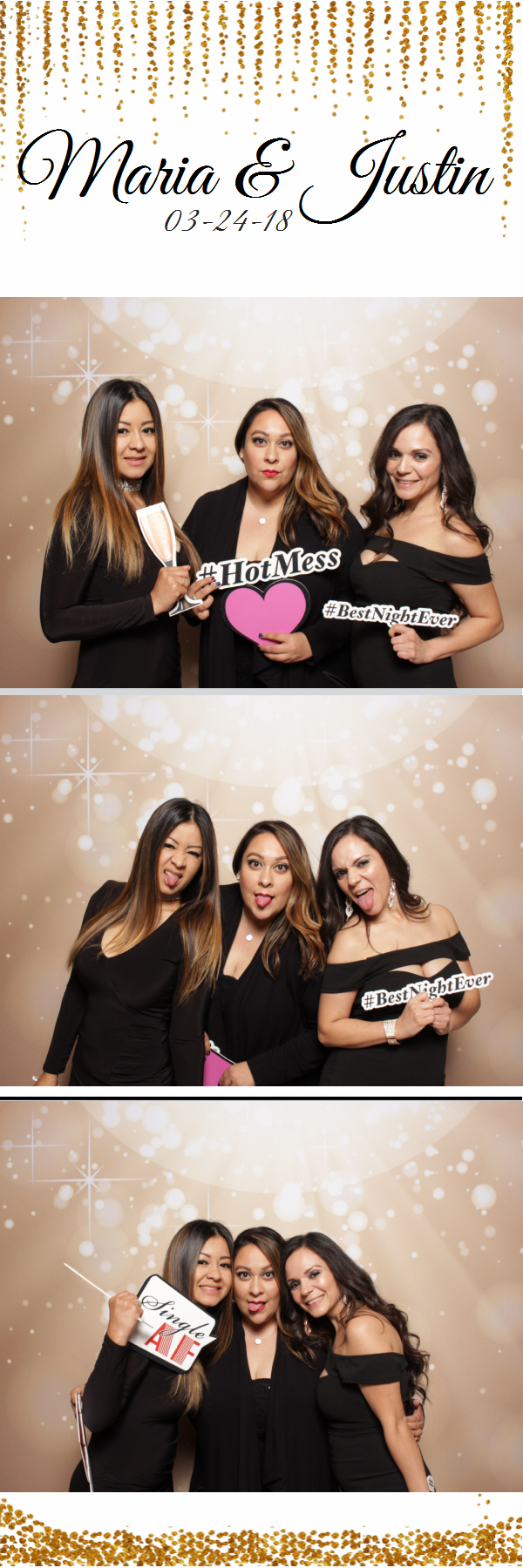 2x6 photo strip of group of women posing with props and light bokeh backdrop
