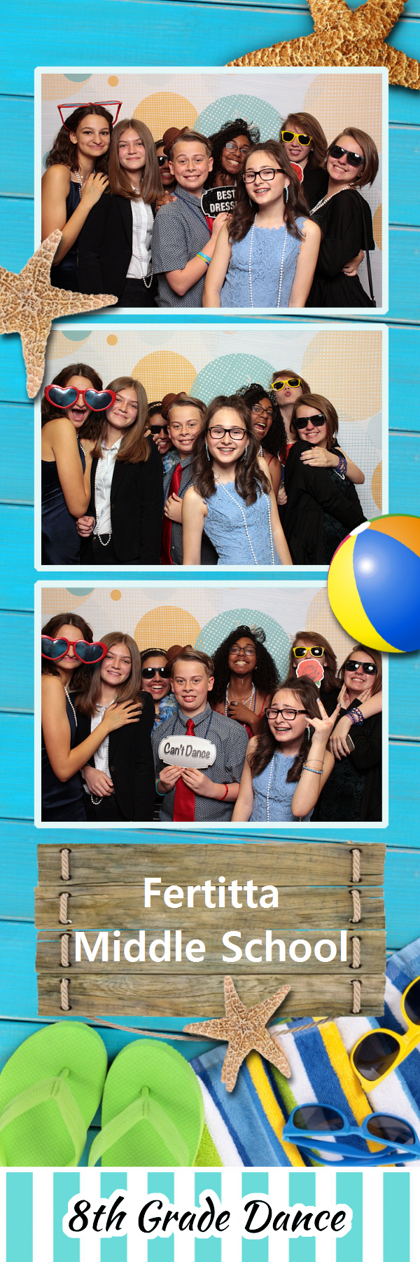 2x6 photo strip group posing with props sunglasses and stitches backdrop