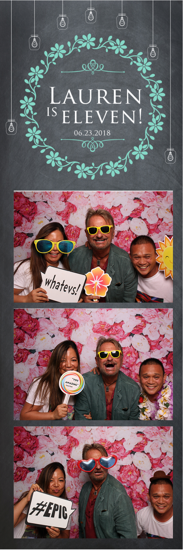 2x6 photo strip with group with props sunglasses in front of rose wall backdrop
