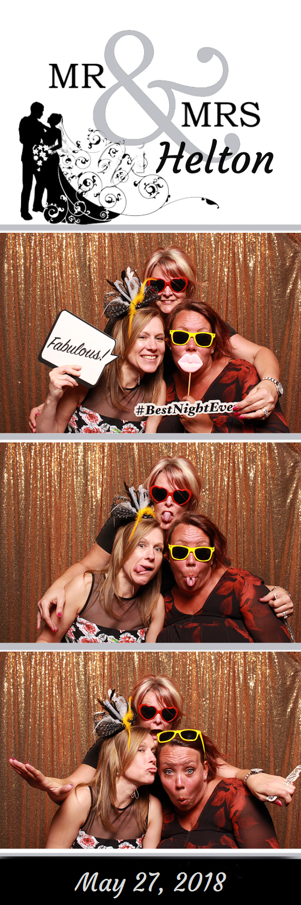 2x6 photo strip of three women with props and sunglasses posing with brown backdrop
