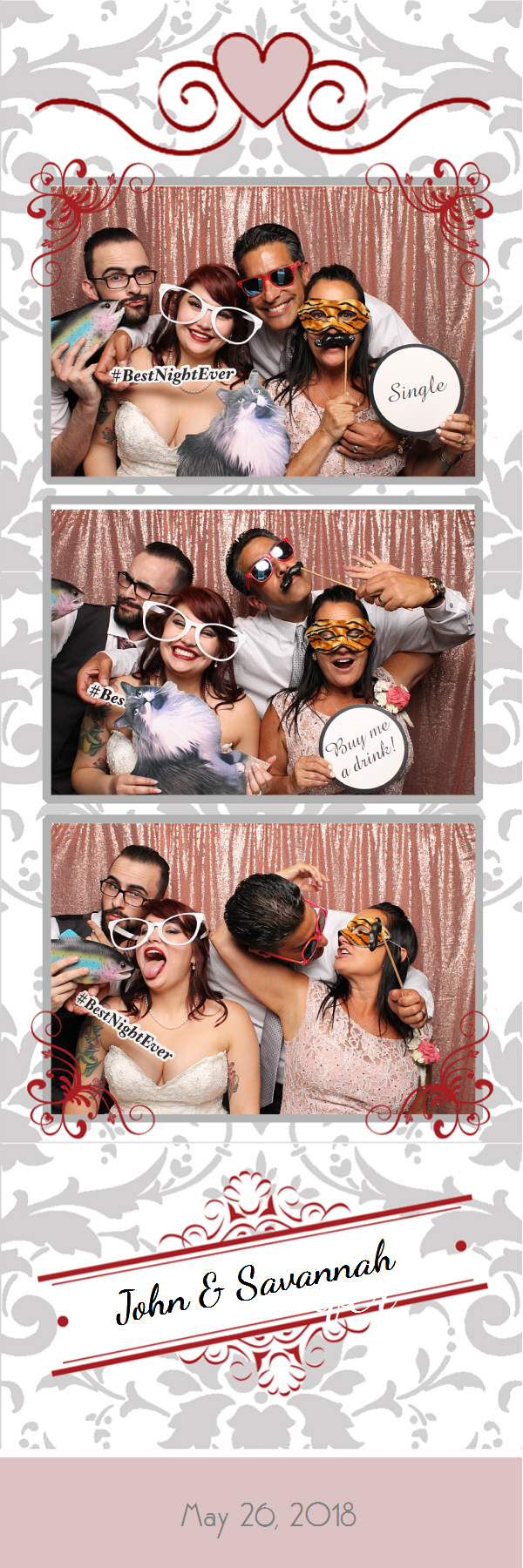 2x6 photo strip of group posing with props sunglasses and shiny backdrop