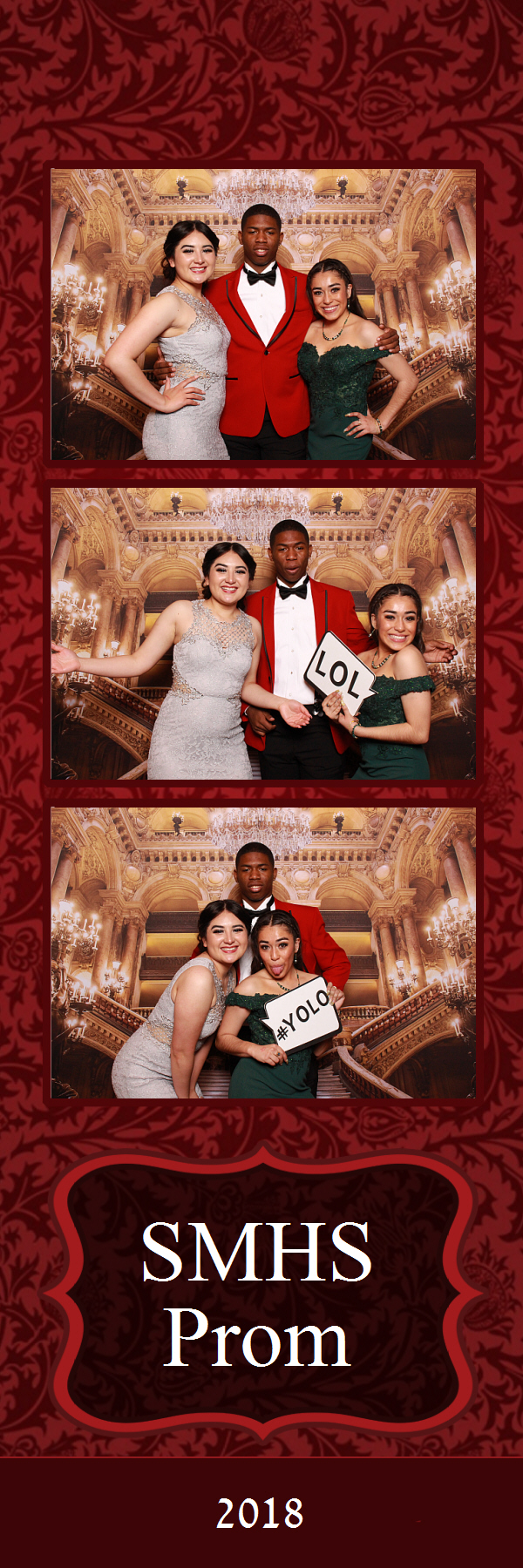 2x6 photo strip group posing with props and grand entrance backdrop