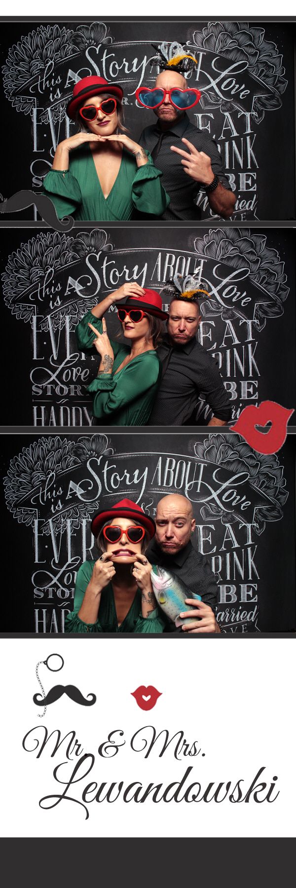 2x6 photo strip of couple posing with chalkboard backdrop and red hat