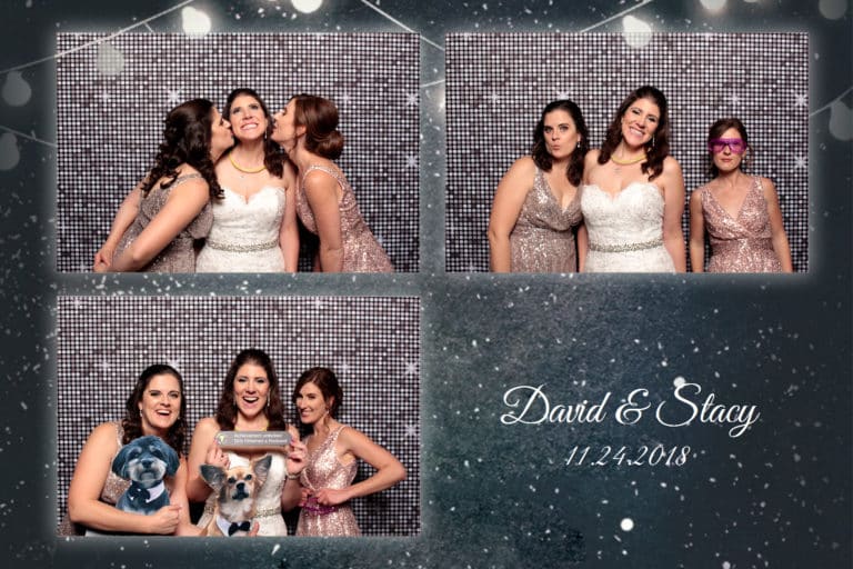 4x6 photo strip of three women posing with props in front of silver shimmer backdrop