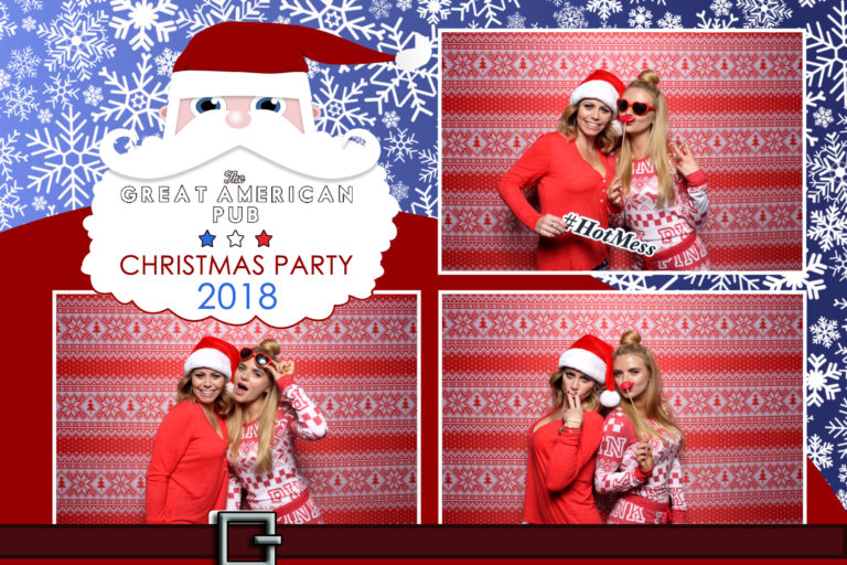 4x6 Christmas themed photo strip with couple posing in front of ugly sweater backdrop with props