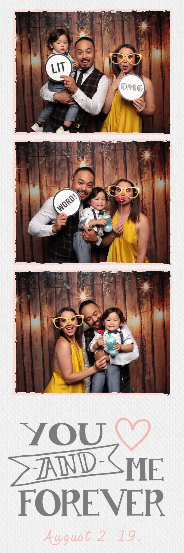 2x6 photo strip of couple with baby with props in front of wood fence backdrop