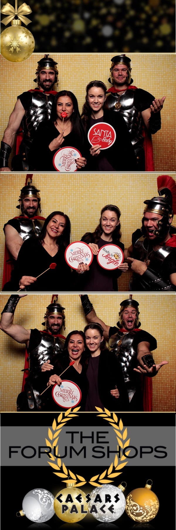 2x6 photo strip of Group with props posing in front of a gold shimmer backdrop
