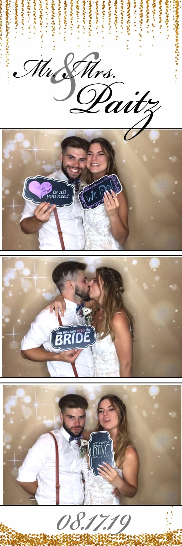 2x6 photo strip of couple with props in front of light bokeh backdrop