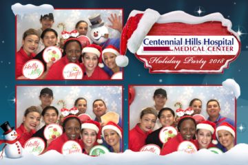 4x6 photo strip of group posing in front of white backdrop with Christmas props