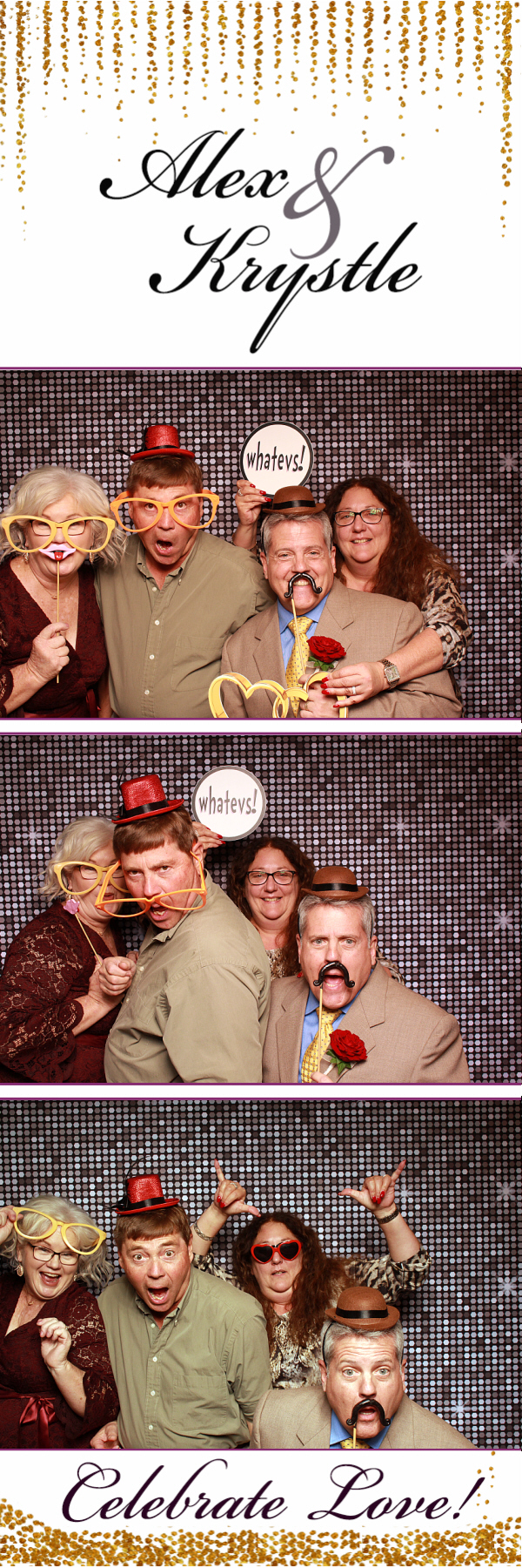 2x6 photo strip of group with props posing in front of silver shimmer backdrop