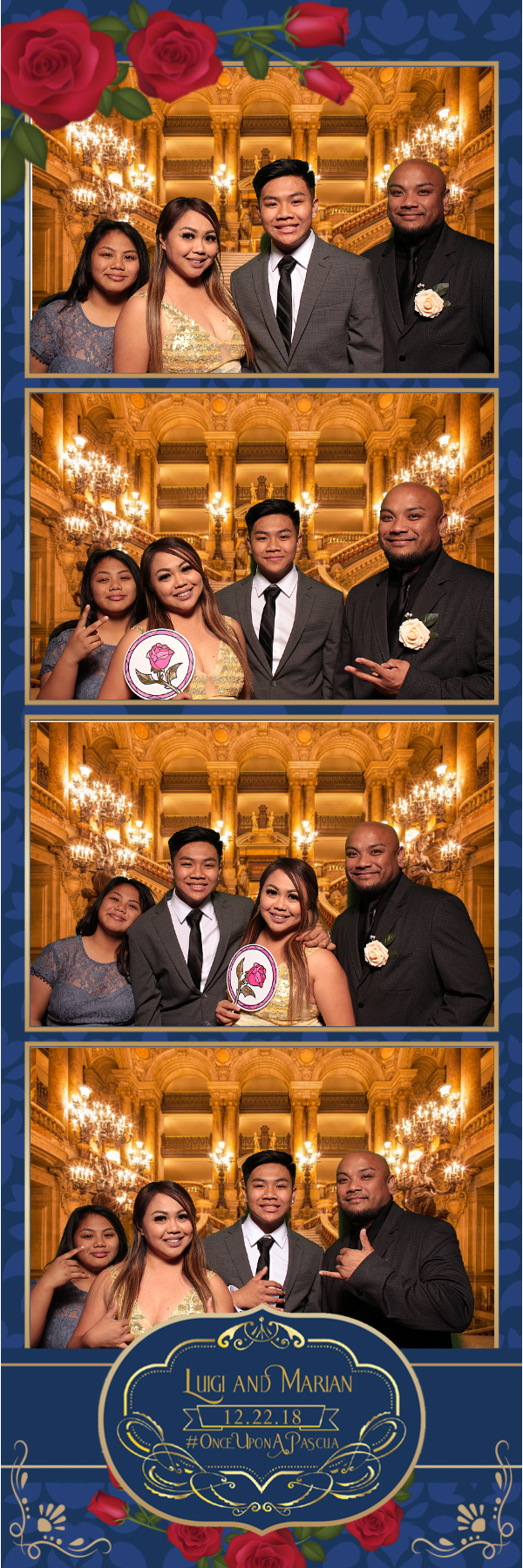 2x6 photo strip of group posing in front of grand entrance backdrop