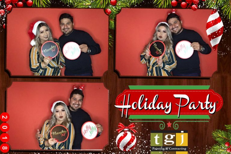 4x6 Christmas themed photo strip with couple posing with props and red backdrop