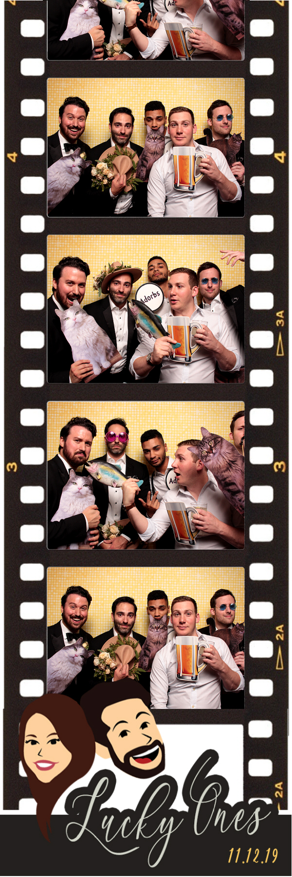 2x6 photo strip with group posing with gold shimmer backdrop