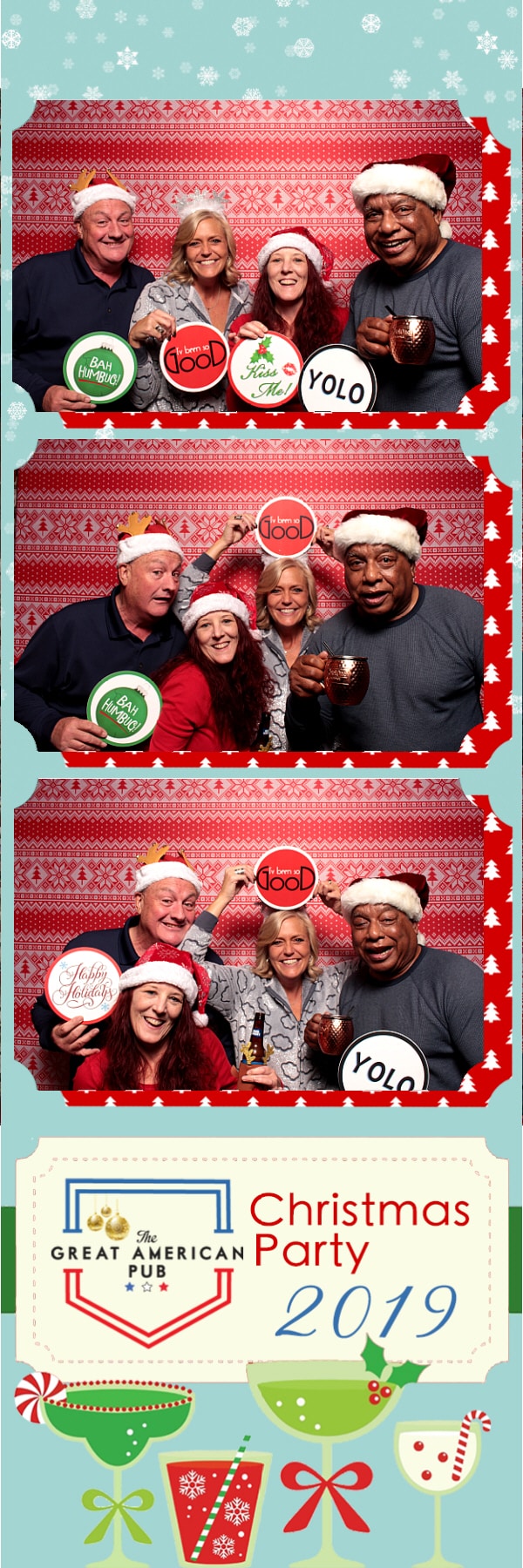 2x6 photo template of group posing with ugly sweater backdrop with Christmas props