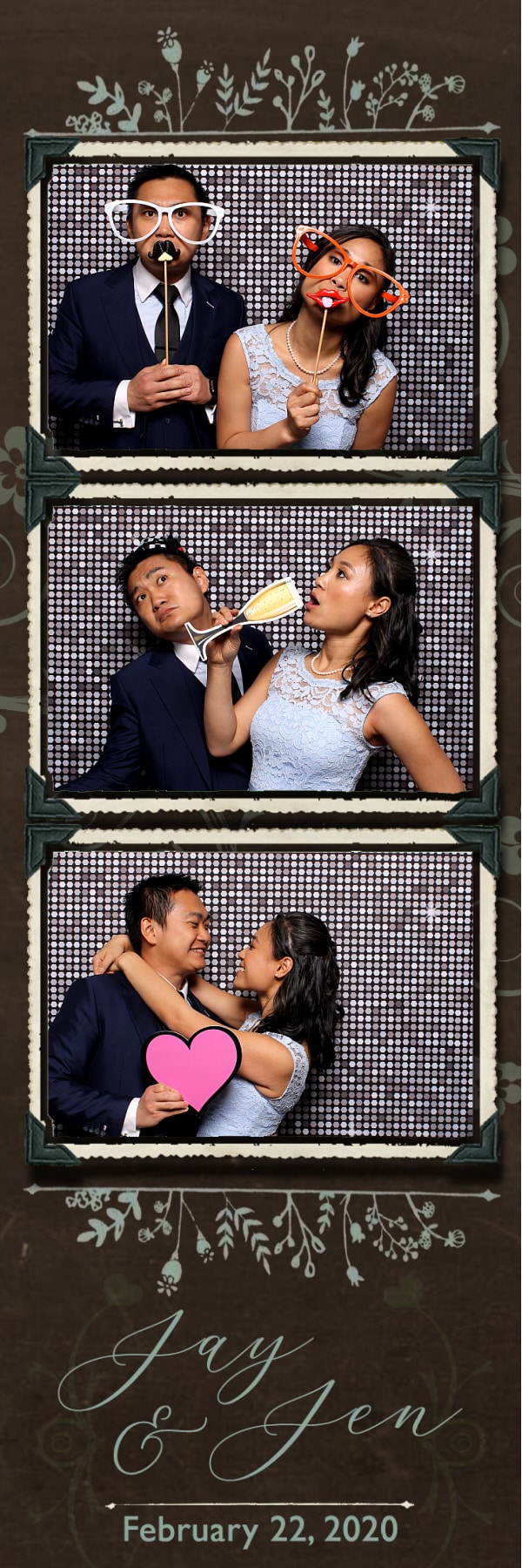 photo strip of couple posing with silver shimmer backdrop