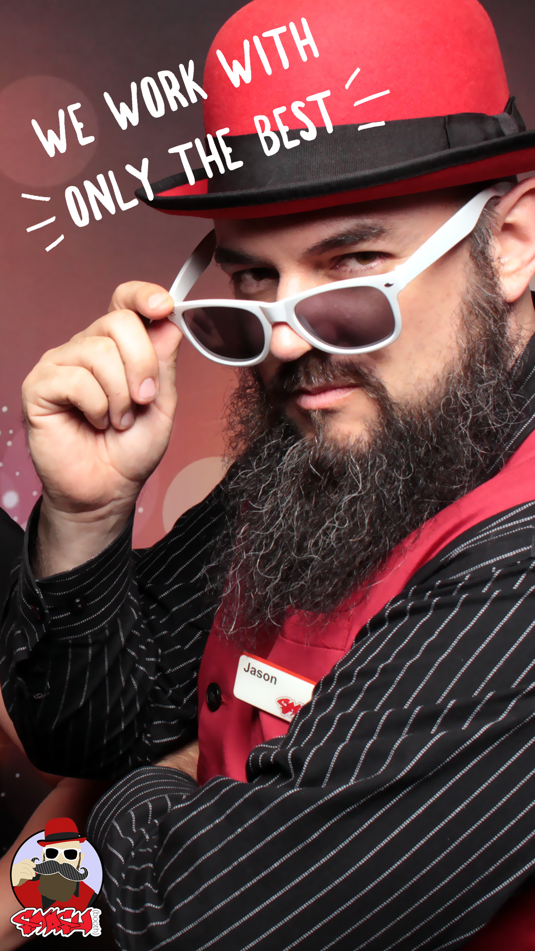 Smashbooth employee in red vest wearing sunglasses