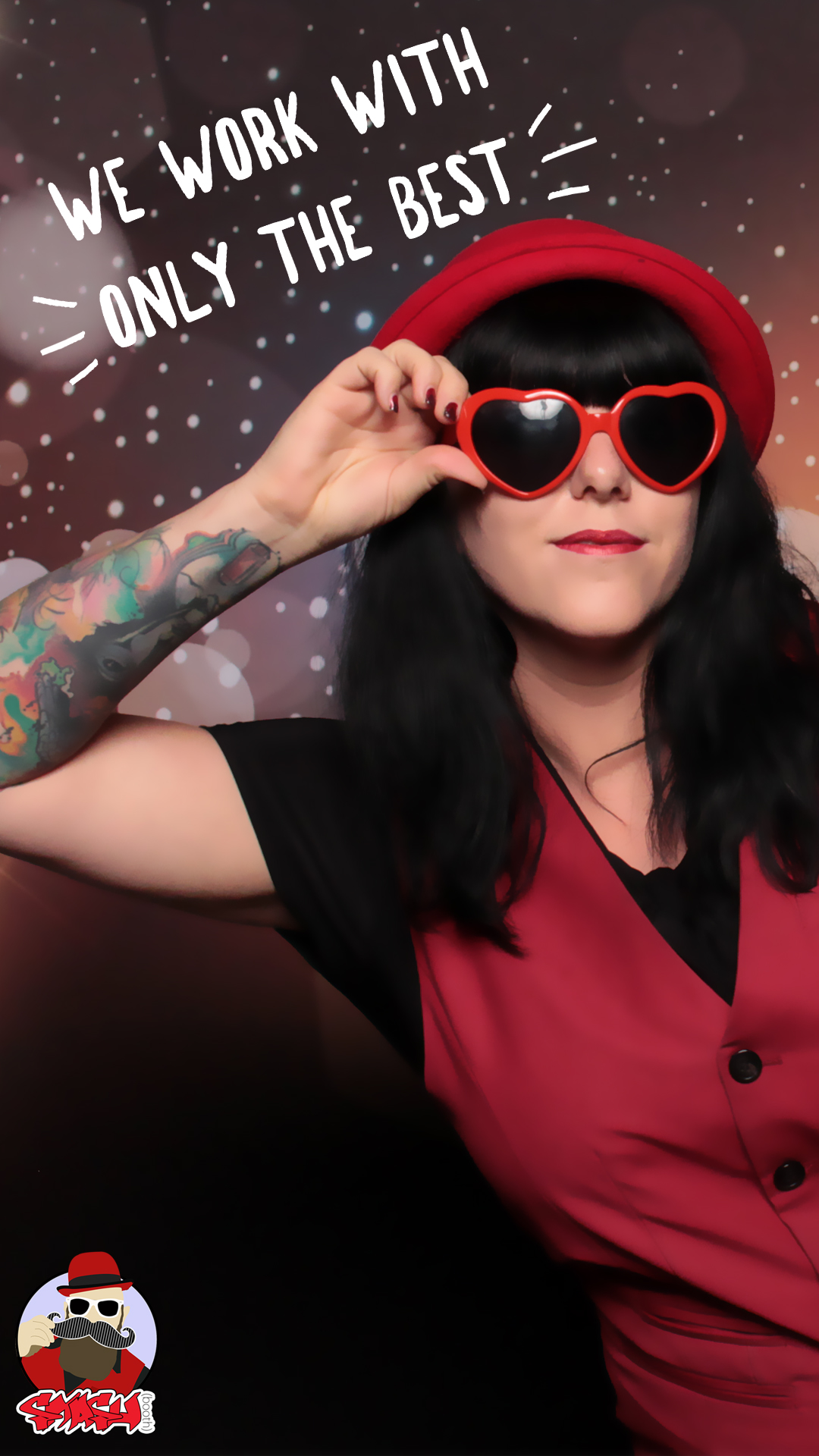 Smashbooth employee with red sunglasses and vest