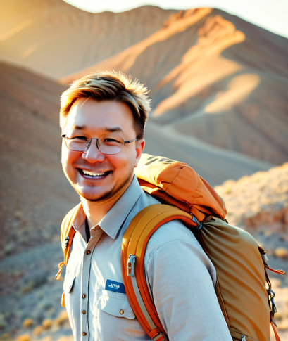 man-with-backpack-smiling-outdoors-in-travel-themed-smash-booth-portrait