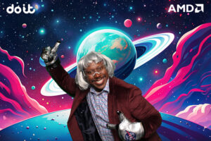 Event-guest-posing-in-galaxy-themed-green-screen-background-with-AMD-and-Dolby-branding-at-corporate-activation