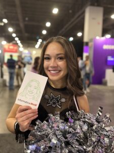 woman-holding-custom-caricature-card-smiling